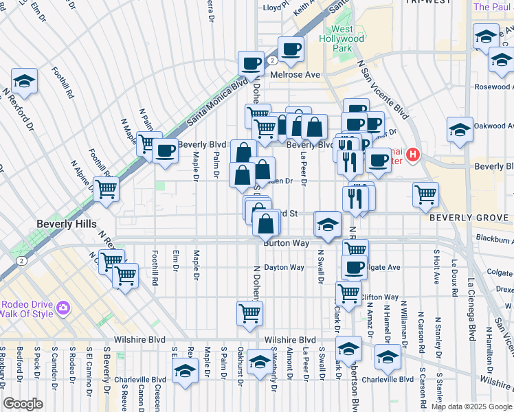 map of restaurants, bars, coffee shops, grocery stores, and more near 147 South Wetherly Drive in Los Angeles