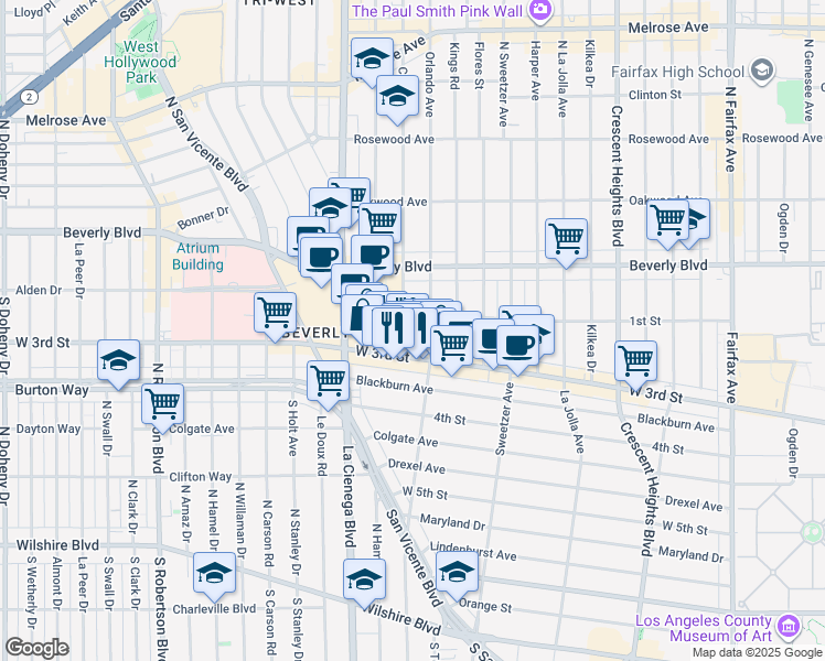 map of restaurants, bars, coffee shops, grocery stores, and more near 116 South Croft Avenue in Los Angeles