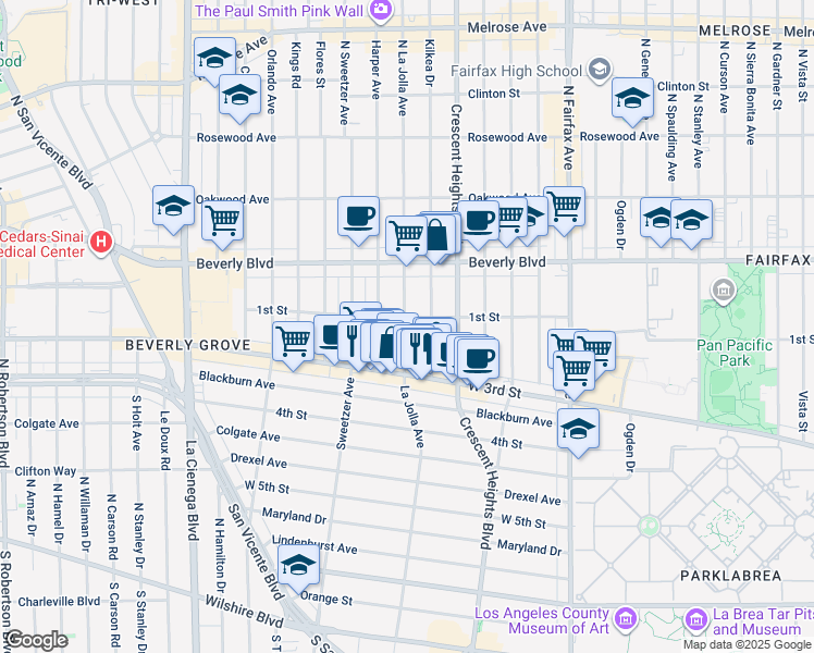 map of restaurants, bars, coffee shops, grocery stores, and more near 104s South La Jolla Avenue in Los Angeles