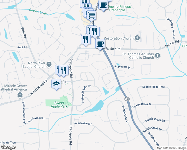 map of restaurants, bars, coffee shops, grocery stores, and more near 5065 Baywood Drive in Roswell