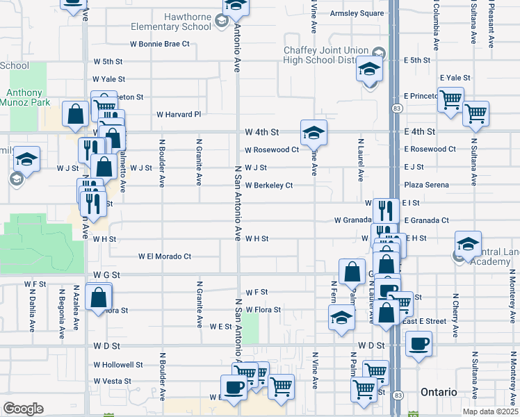 map of restaurants, bars, coffee shops, grocery stores, and more near 651 West I Street in Ontario