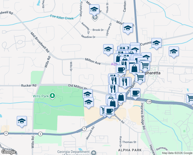 map of restaurants, bars, coffee shops, grocery stores, and more near 2065 Willshire Glen in Alpharetta