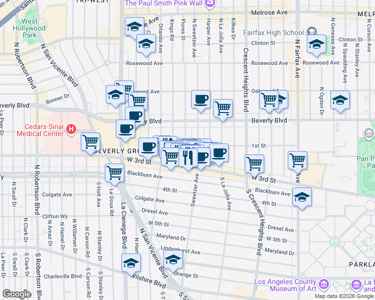 map of restaurants, bars, coffee shops, grocery stores, and more near 112 1/2 Flores Street in Los Angeles