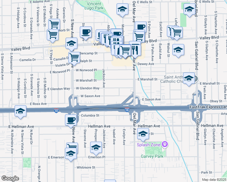 map of restaurants, bars, coffee shops, grocery stores, and more near 200 West Glendon Way in San Gabriel