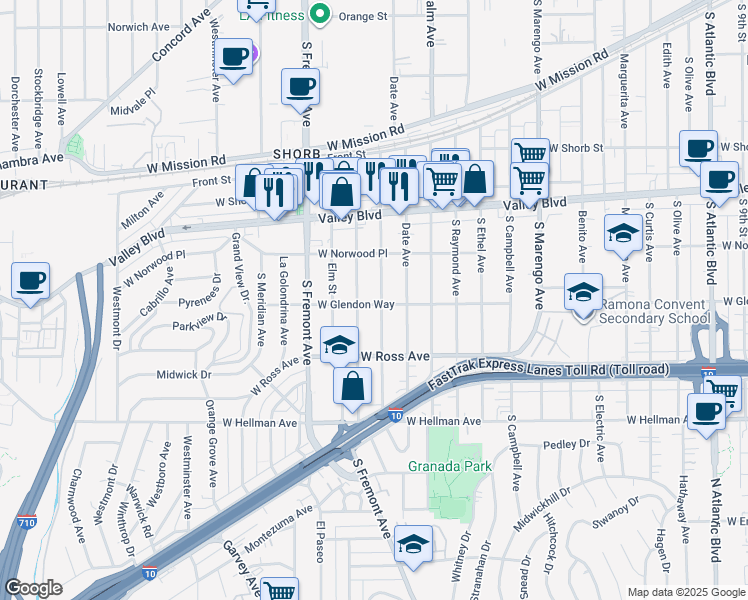 map of restaurants, bars, coffee shops, grocery stores, and more near 1645 Edgewood Drive in Alhambra