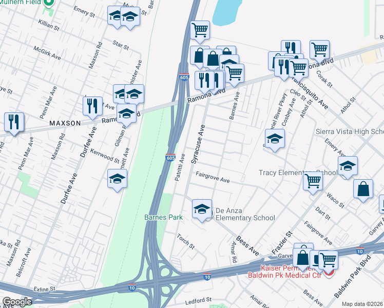 map of restaurants, bars, coffee shops, grocery stores, and more near 3443 Syracuse Avenue in Baldwin Park