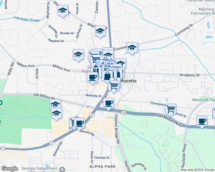 map of restaurants, bars, coffee shops, grocery stores, and more near 69 South Main Street in Alpharetta