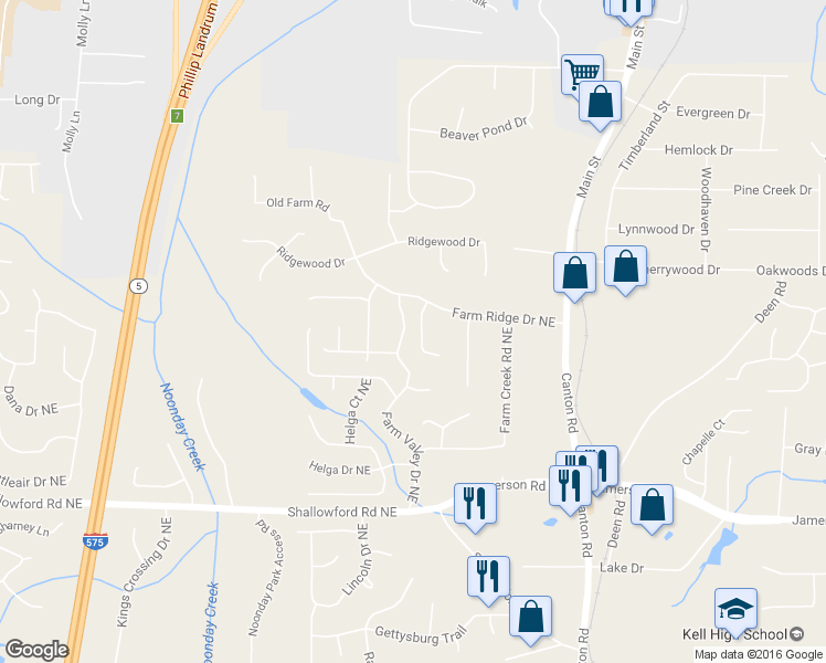 map of restaurants, bars, coffee shops, grocery stores, and more near 5137 Hill Farm Drive Northeast in Woodstock