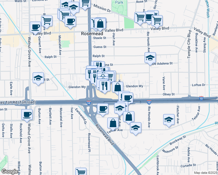 map of restaurants, bars, coffee shops, grocery stores, and more near 3600 Rosemead Boulevard in Rosemead