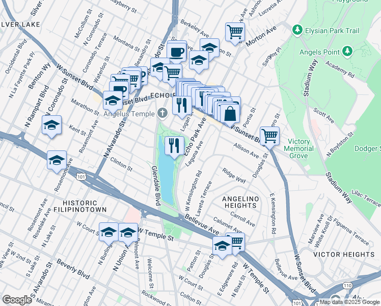 map of restaurants, bars, coffee shops, grocery stores, and more near 1011 Laguna Avenue in Los Angeles