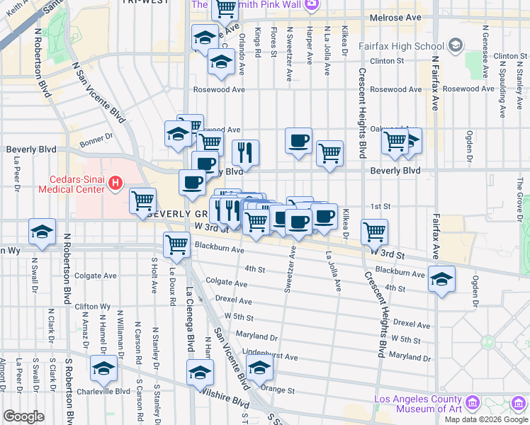map of restaurants, bars, coffee shops, grocery stores, and more near in West Hollywood