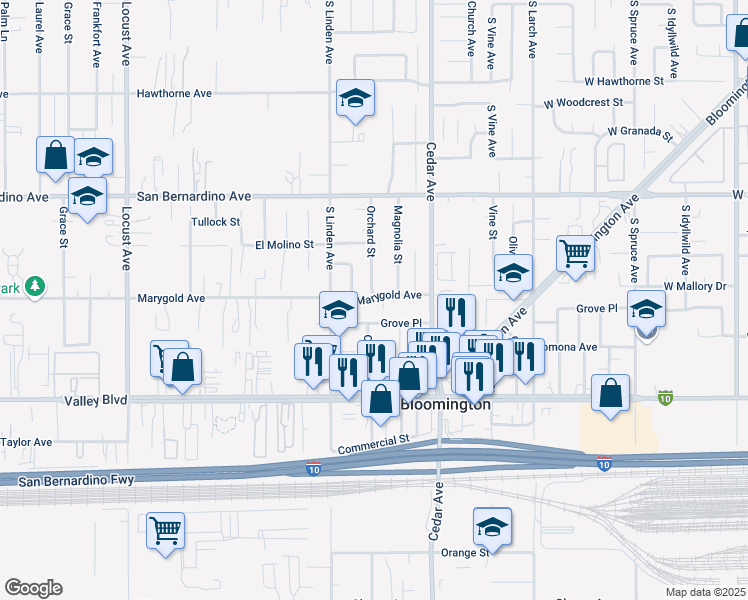 map of restaurants, bars, coffee shops, grocery stores, and more near 18589 Marygold Avenue in Bloomington