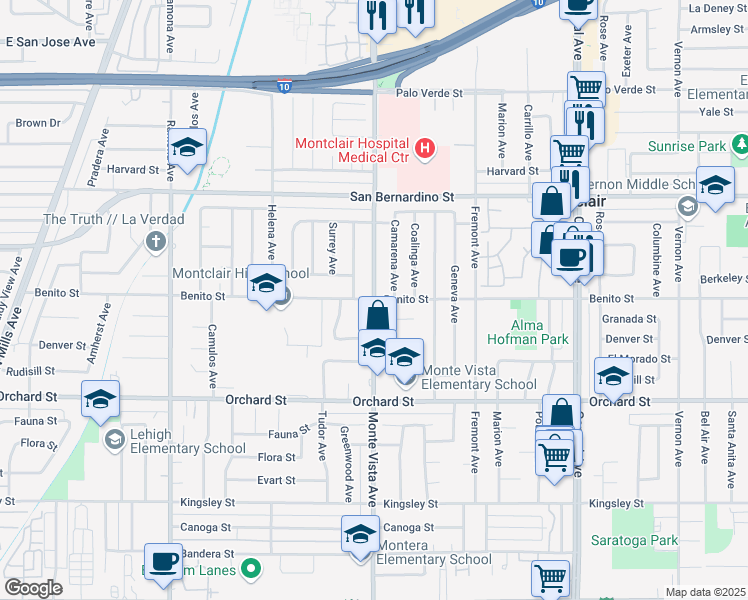 map of restaurants, bars, coffee shops, grocery stores, and more near Monte Vista Ave & Benito St in Montclair