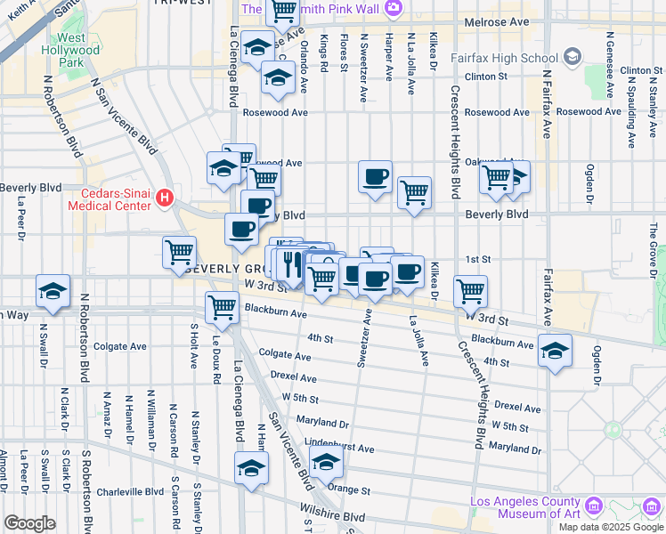 map of restaurants, bars, coffee shops, grocery stores, and more near 116 South Kings Road in Los Angeles