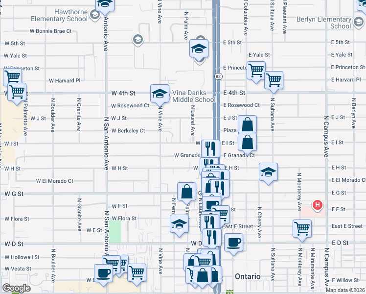 map of restaurants, bars, coffee shops, grocery stores, and more near 309 West I Street in Ontario