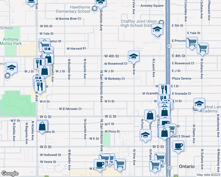 map of restaurants, bars, coffee shops, grocery stores, and more near 651 West I Street in Ontario