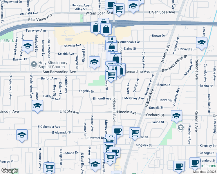 map of restaurants, bars, coffee shops, grocery stores, and more near 1482 Cordova Street in Pomona
