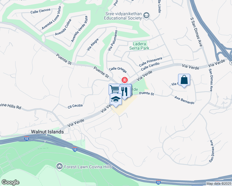 map of restaurants, bars, coffee shops, grocery stores, and more near 1155 Via Verde in San Dimas
