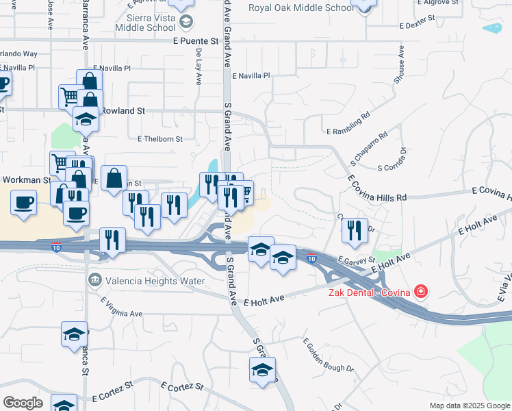 map of restaurants, bars, coffee shops, grocery stores, and more near 154 North Grand Avenue in West Covina