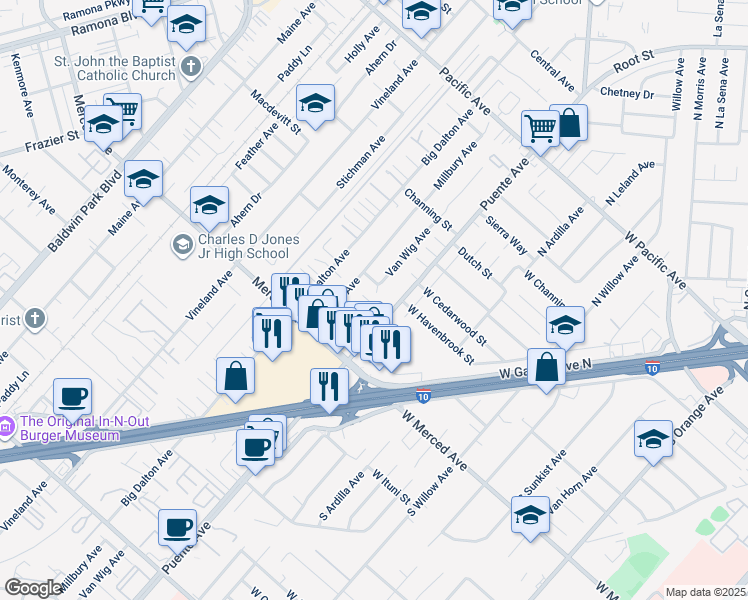 map of restaurants, bars, coffee shops, grocery stores, and more near 3239 Puente Avenue in Baldwin Park