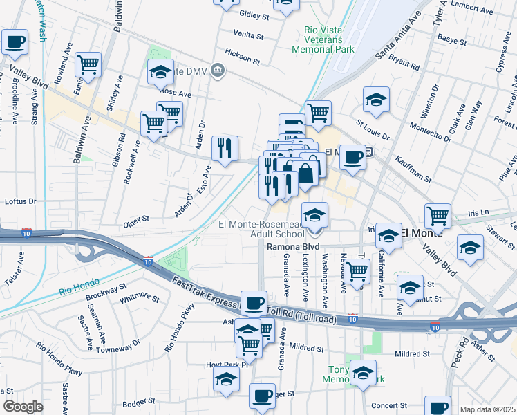 map of restaurants, bars, coffee shops, grocery stores, and more near 3545 Santa Anita Avenue in El Monte