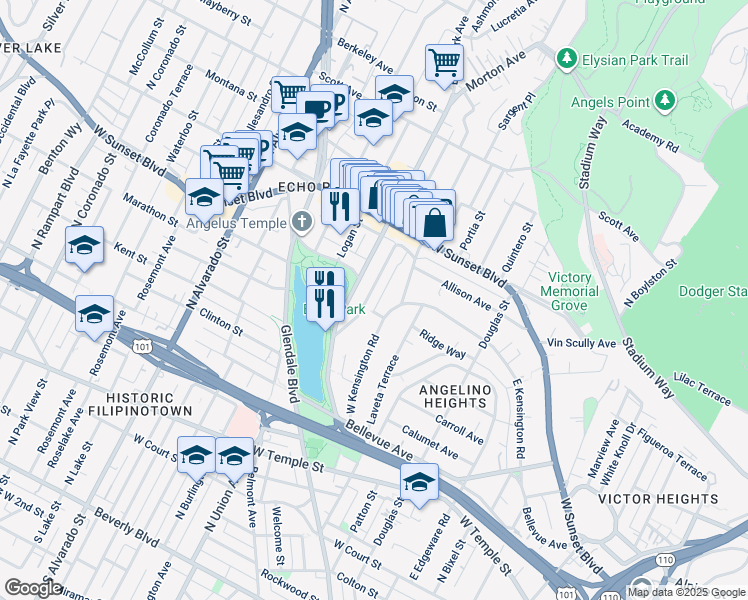 map of restaurants, bars, coffee shops, grocery stores, and more near 1011 Laguna Avenue in Los Angeles