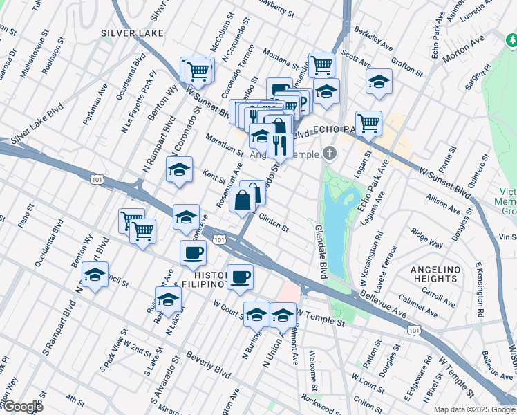map of restaurants, bars, coffee shops, grocery stores, and more near 707 North Alvarado Street in Los Angeles