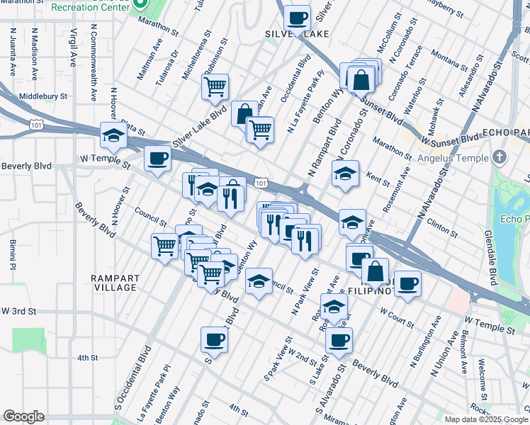 map of restaurants, bars, coffee shops, grocery stores, and more near 343-351 North Benton Way in Los Angeles