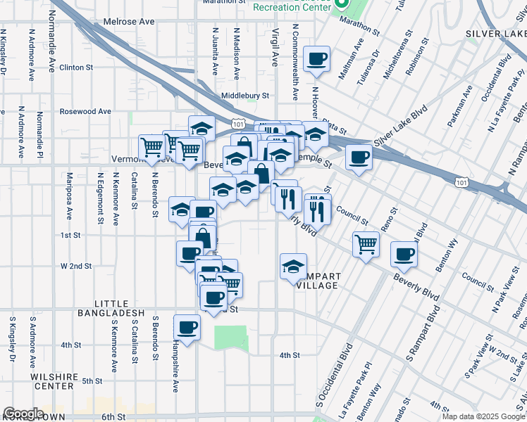 map of restaurants, bars, coffee shops, grocery stores, and more near 111 North Virgil Avenue in Los Angeles