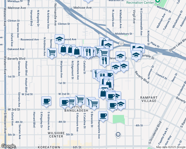 map of restaurants, bars, coffee shops, grocery stores, and more near 141 North Berendo Street in Los Angeles