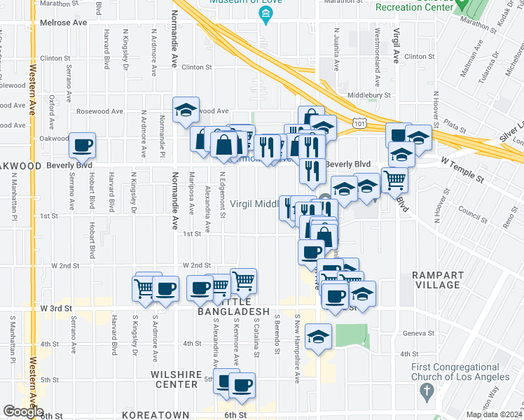 map of restaurants, bars, coffee shops, grocery stores, and more near 141 North Berendo Street in Los Angeles
