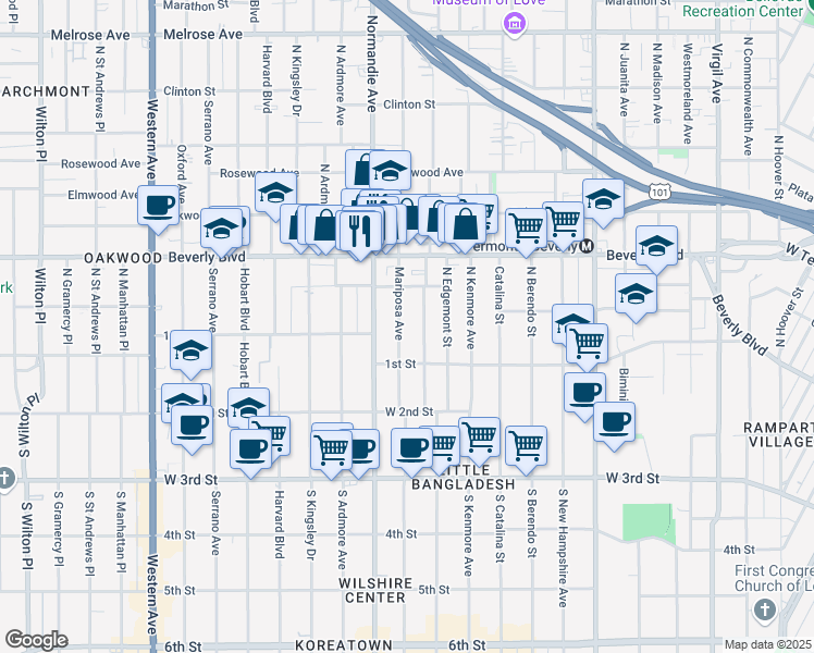 map of restaurants, bars, coffee shops, grocery stores, and more near 136 North Mariposa Avenue in Los Angeles