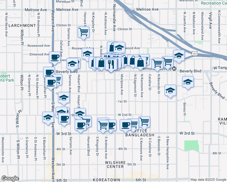 map of restaurants, bars, coffee shops, grocery stores, and more near 101 North Normandie Avenue in Los Angeles