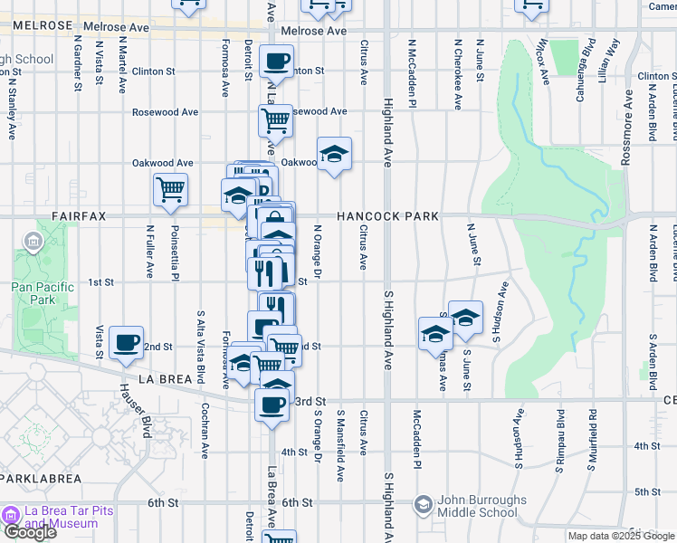 map of restaurants, bars, coffee shops, grocery stores, and more near 111 North Mansfield Avenue in Los Angeles