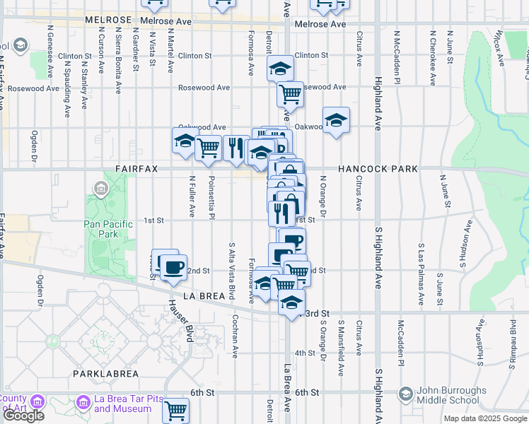 map of restaurants, bars, coffee shops, grocery stores, and more near 113 North Detroit Street in Los Angeles