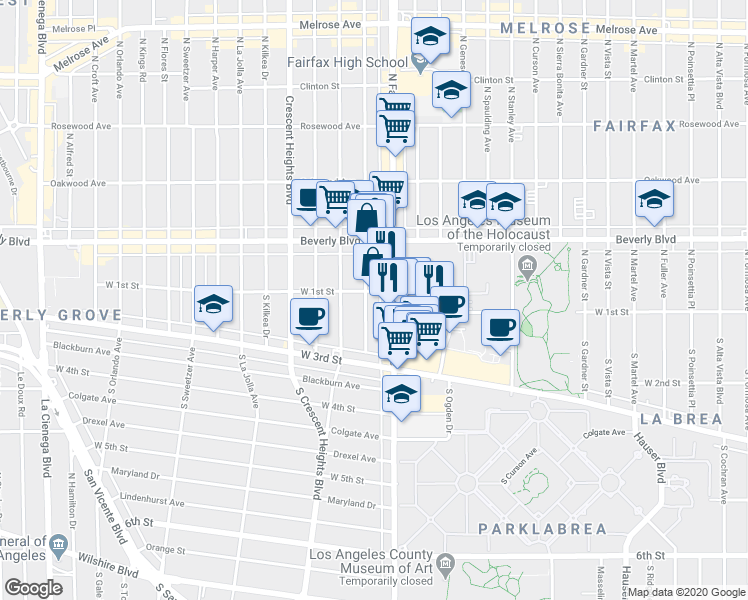 map of restaurants, bars, coffee shops, grocery stores, and more near 104 South Hayworth Avenue in West Hollywood