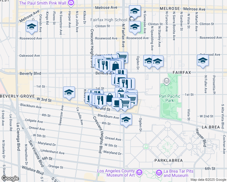 map of restaurants, bars, coffee shops, grocery stores, and more near 104 South Edinburgh Avenue in Los Angeles