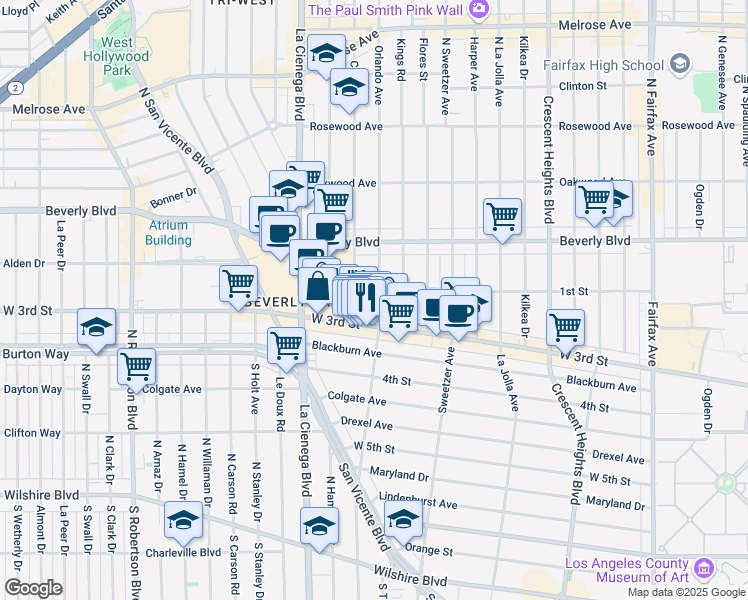 map of restaurants, bars, coffee shops, grocery stores, and more near 116 South Croft Avenue in Los Angeles