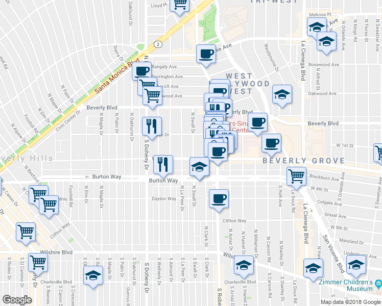map of restaurants, bars, coffee shops, grocery stores, and more near 135 South Swall Drive in Los Angeles