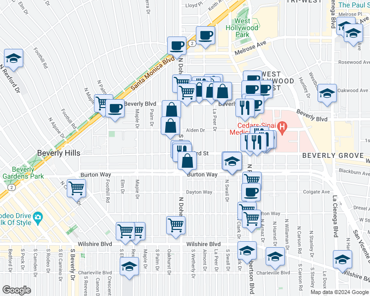 map of restaurants, bars, coffee shops, grocery stores, and more near 147 South Wetherly Drive in Los Angeles