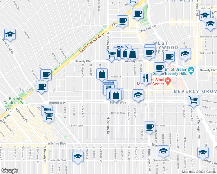 map of restaurants, bars, coffee shops, grocery stores, and more near 147 South Wetherly Drive in Los Angeles