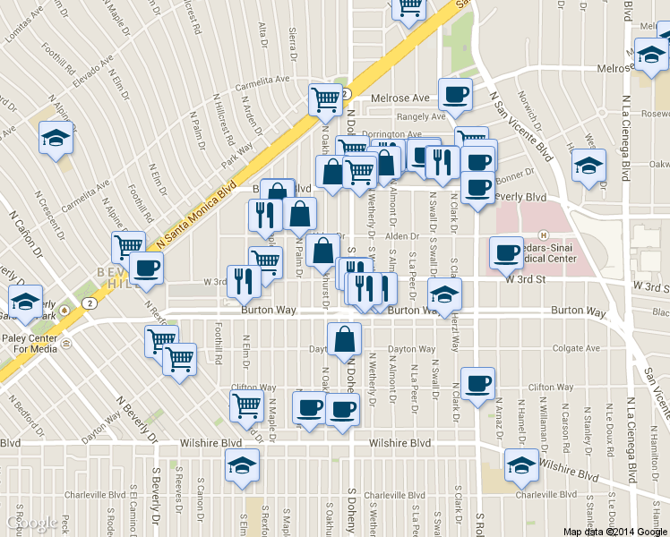 map of restaurants, bars, coffee shops, grocery stores, and more near 336 North Oakhurst Drive in Beverly Hills