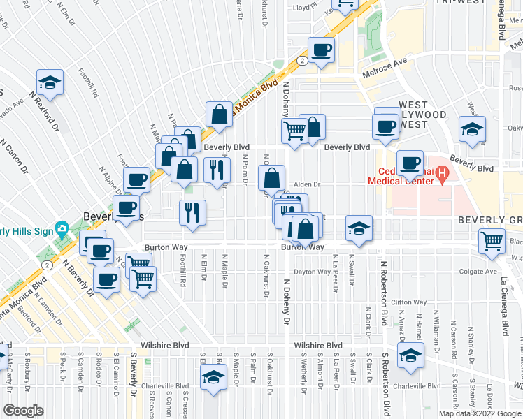 map of restaurants, bars, coffee shops, grocery stores, and more near 332 North Palm Drive in Beverly Hills