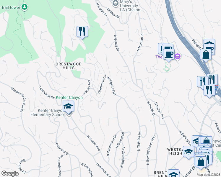map of restaurants, bars, coffee shops, grocery stores, and more near 12310 Rochedale Lane in Los Angeles