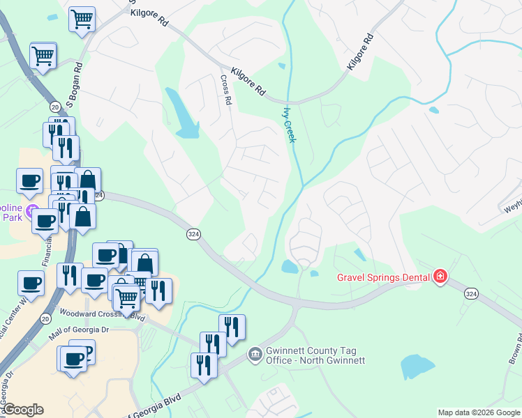 map of restaurants, bars, coffee shops, grocery stores, and more near 2122 Mill Garden Run Northeast in Buford