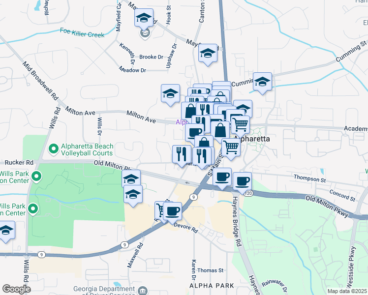 map of restaurants, bars, coffee shops, grocery stores, and more near 12084 Cotton Alley in Alpharetta