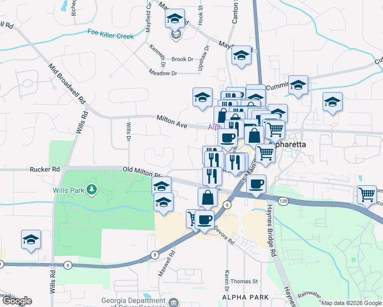map of restaurants, bars, coffee shops, grocery stores, and more near 12044 Orchid Lane in Alpharetta