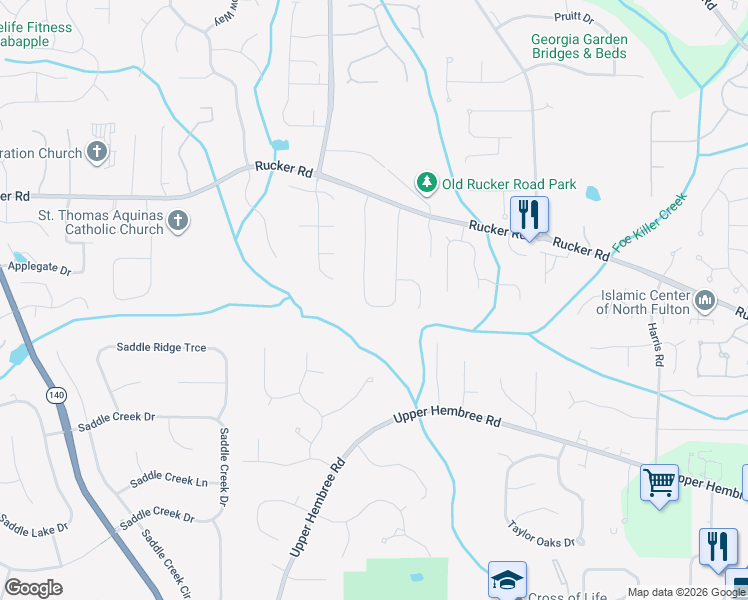 map of restaurants, bars, coffee shops, grocery stores, and more near 12025 North Hickory Trace in Alpharetta