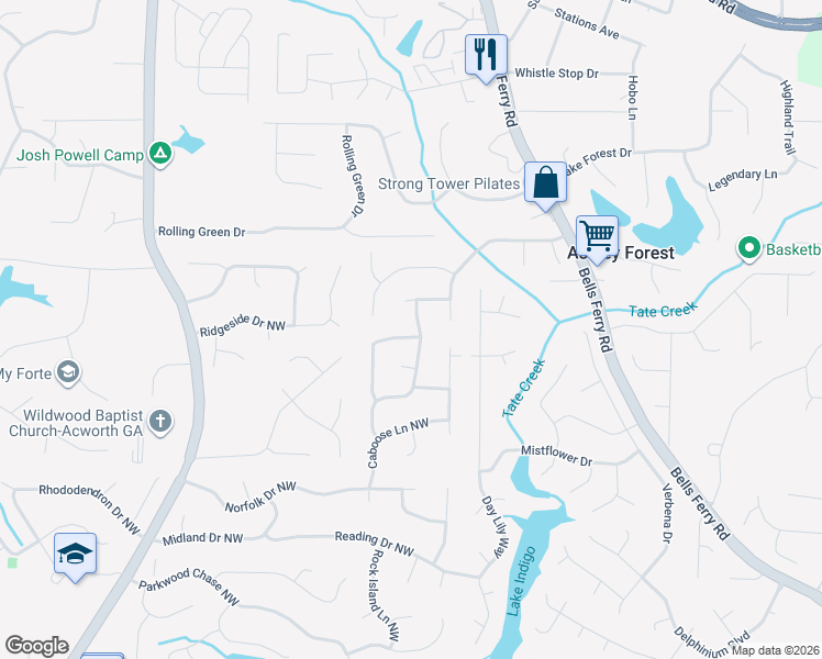 map of restaurants, bars, coffee shops, grocery stores, and more near 655 Sunshine Trce Northwest in Acworth