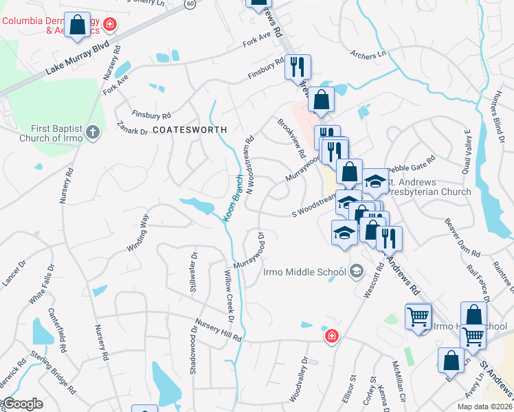 map of restaurants, bars, coffee shops, grocery stores, and more near 1500 North Woodstream Road in Columbia